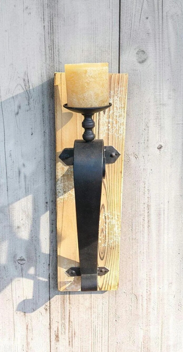 Rustic Black Iron Scroll Wall Sconce Pillar Candle Holder on Wood Plank Tuscan